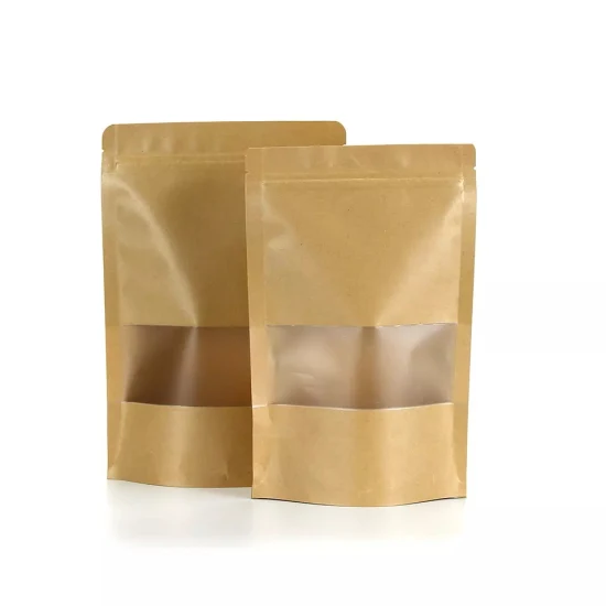 Bolsa Ziplock impressa personalizada para reciclagem marrom Embalagem de café Doypack barato Saco de comida com zíper de papel Kraft com janela